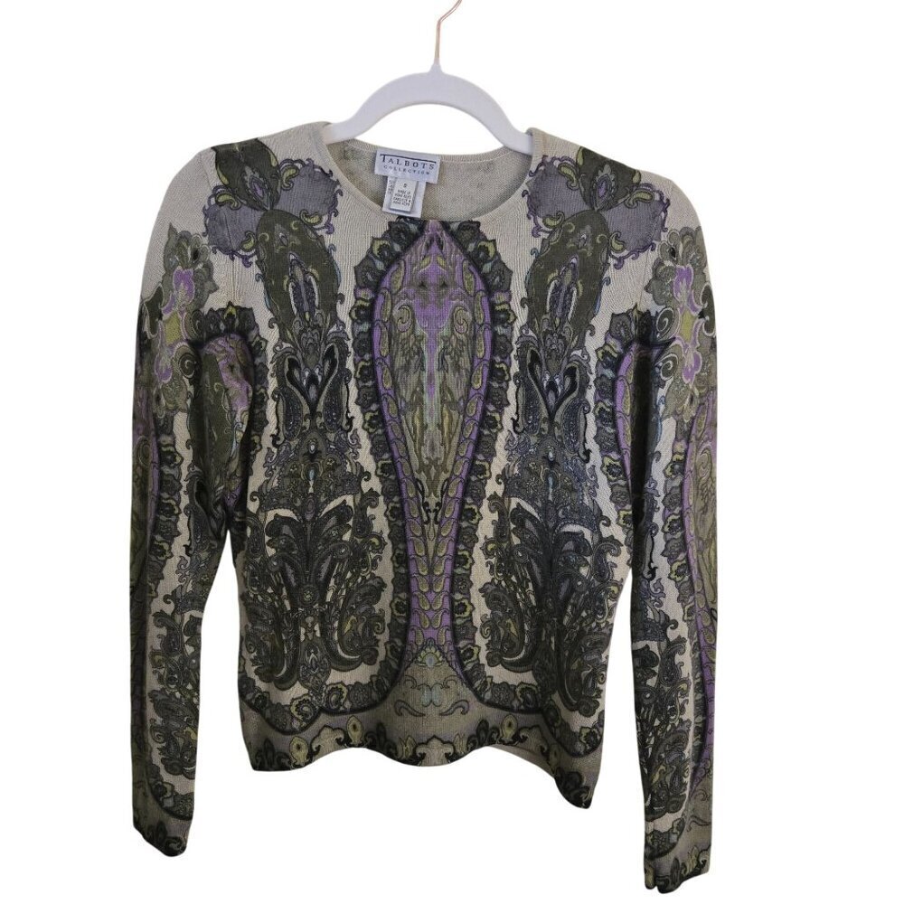 Talbots Audrey Cashmere Paisley Medallion Crewneck Sweater Green Lavender Size S - Picture 1 of 9